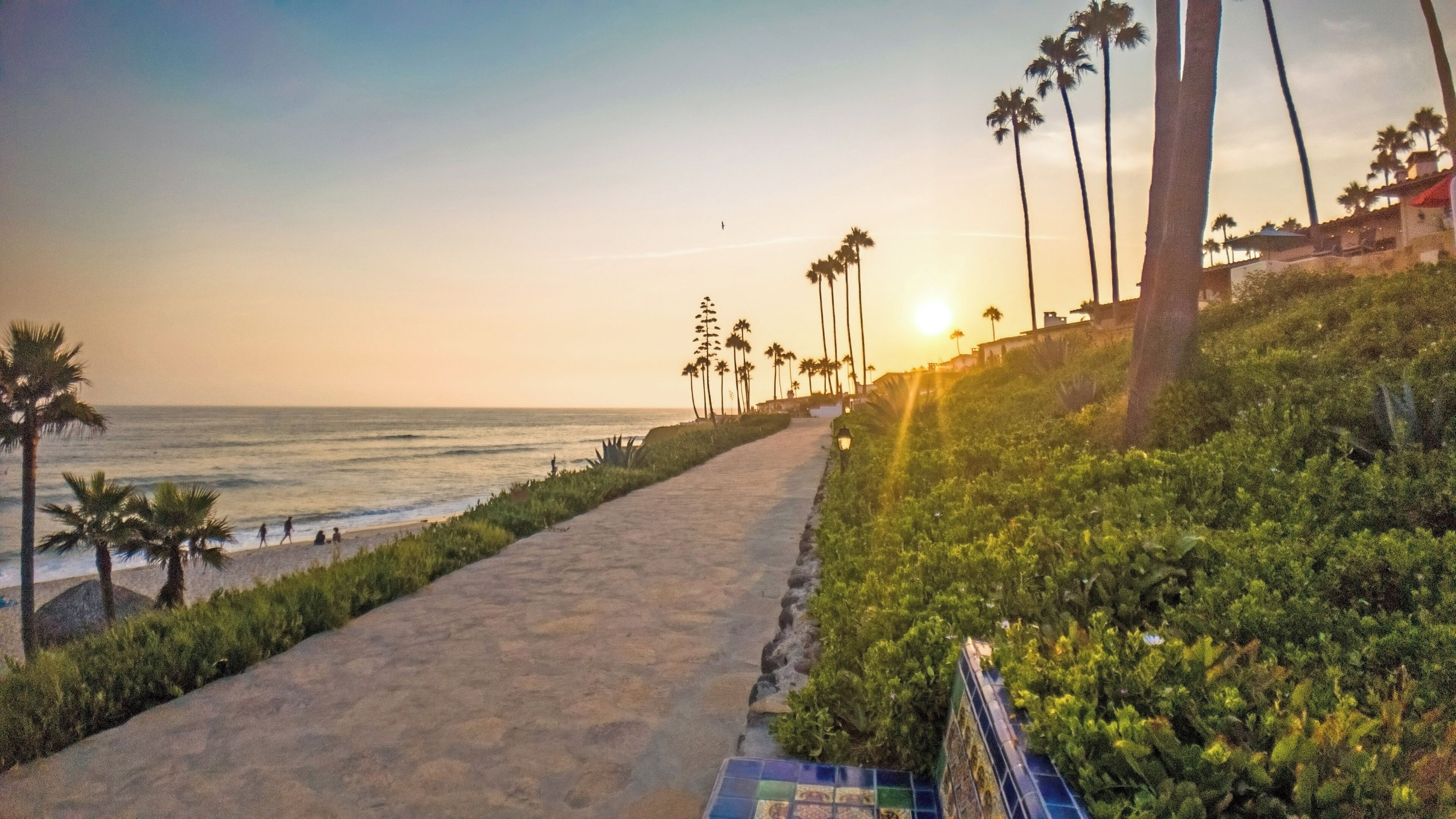 On the beach, sun loungers