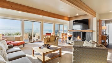 TV connectée, cheminée, lecteur de DVD, livres