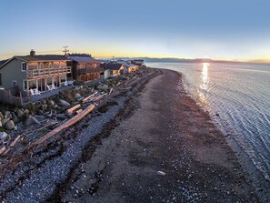 On the beach, sun-loungers, beach towels