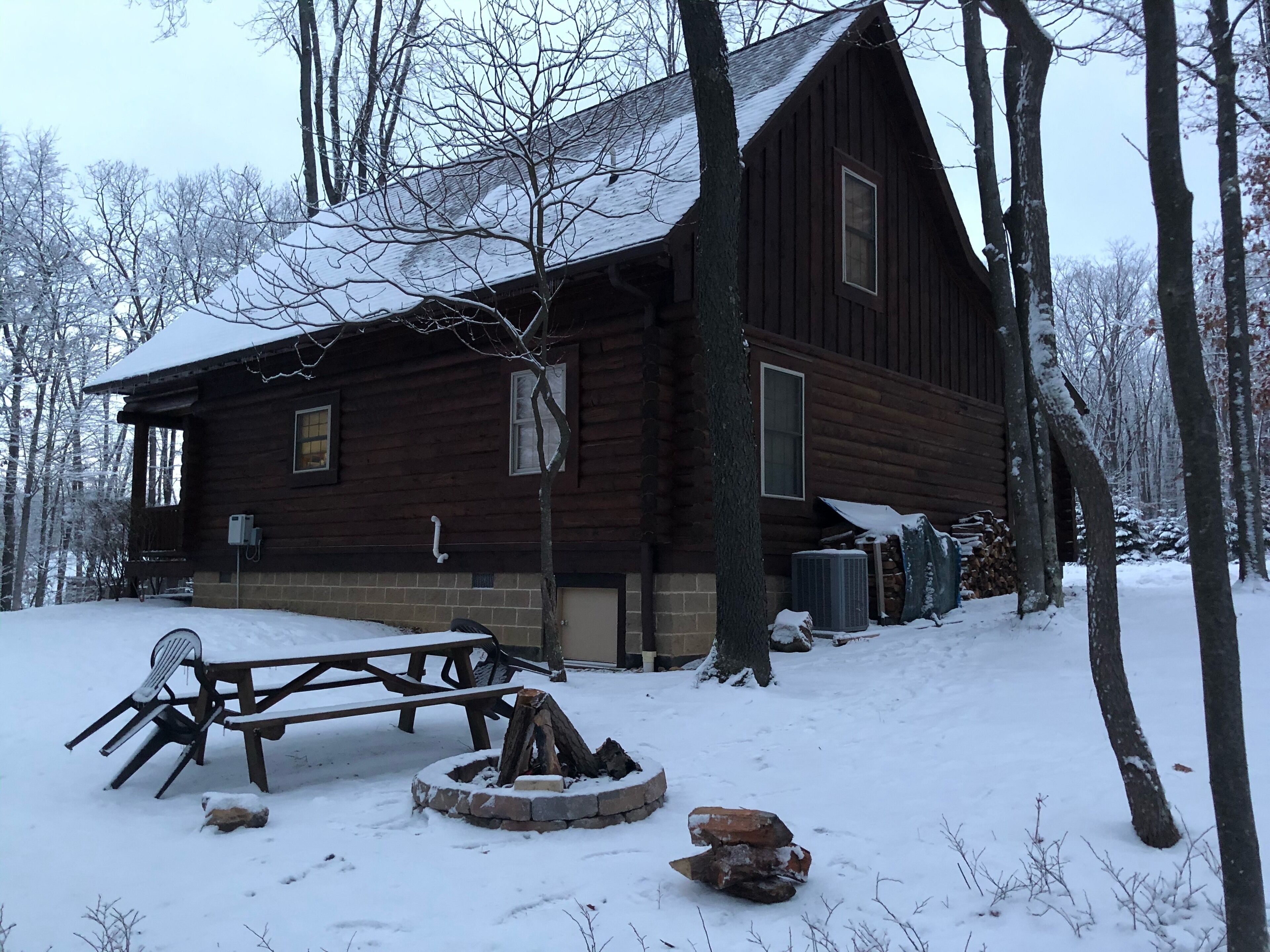A log cabin with a fire pit and picnic table in a snowy forest.