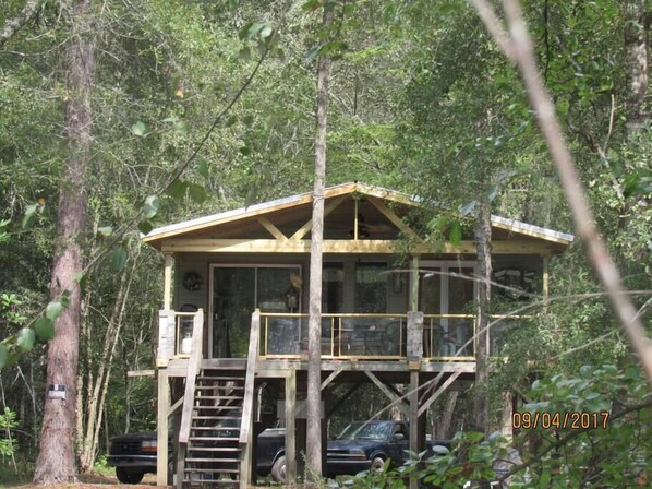 A two-story wooden cabin with a balcony, surrounded by dense forest. - The Duke's River House (Claxton)