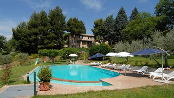 Außenpool, Sonnenschirme, Liegestühle