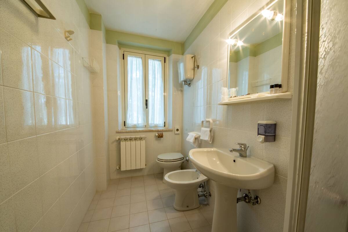 A bathroom with a toilet, bidet, sink, and a window with curtains.