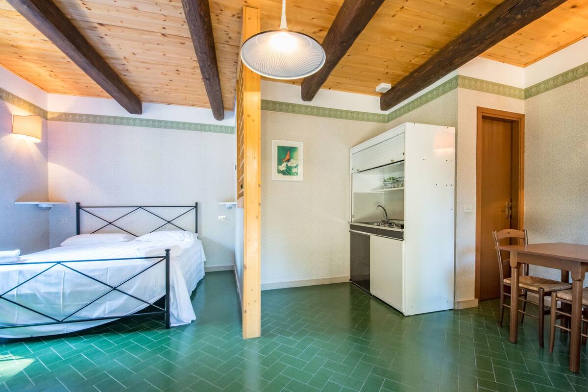A room with a bed, kitchenette, and dining area.