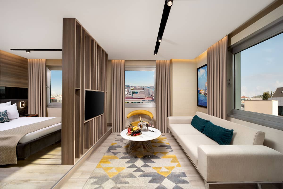Una habitación de hotel moderna con cama, sofá, televisor y una mesa de comedor con frutero.