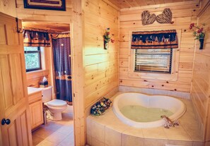 Combined shower/bathtub, jetted bath, hair dryer, towels - Rustic style two  story 2BR cabin   hot tub,jacuzzi , 7 min from Pigeon Forge (Pigeon Forge)