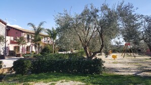 A courtyard with a large olive tree, a small playground, and a building with a red facade.