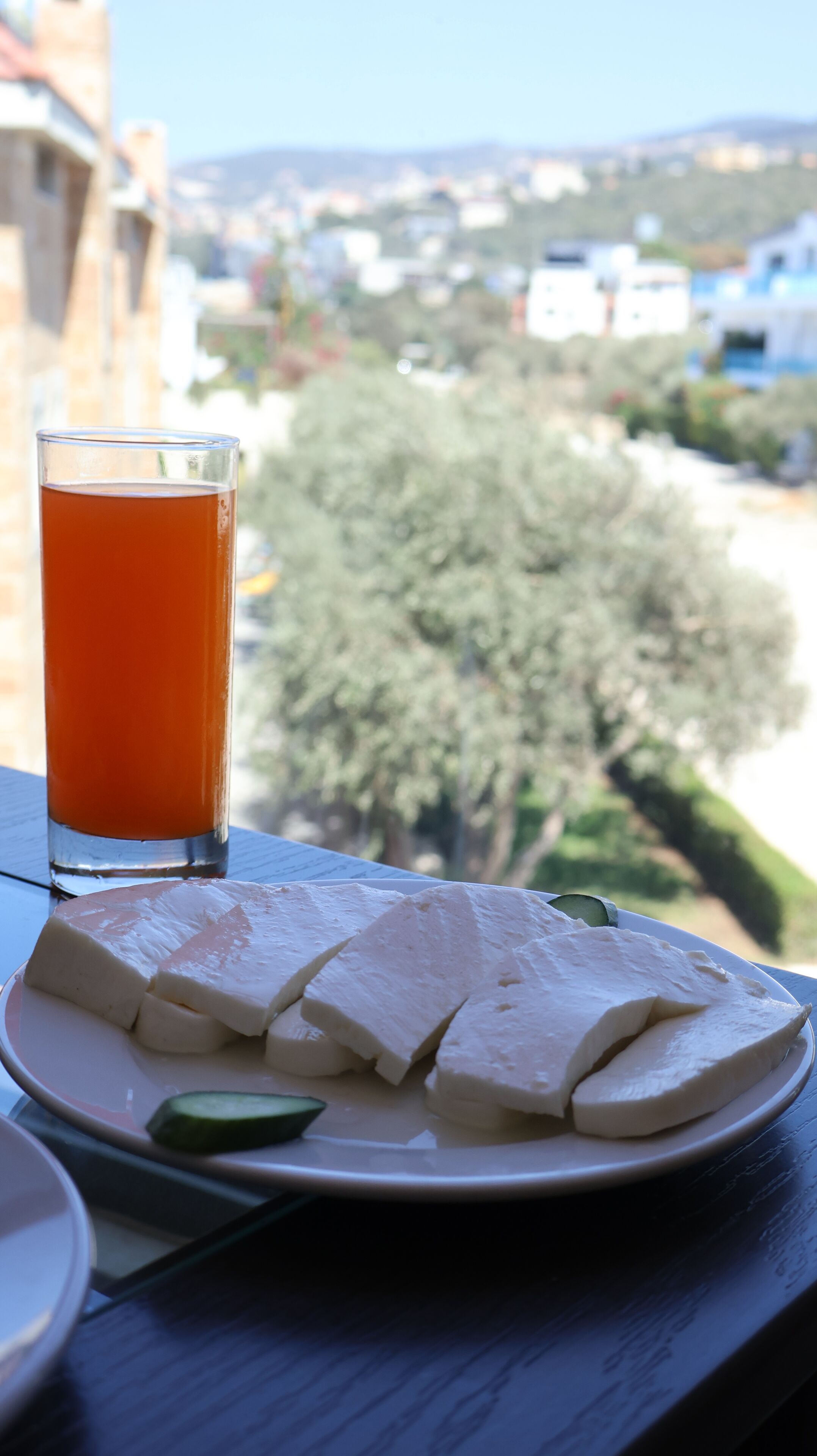 A plate with tofu and a glass of orange juice on a table with a view of a town.