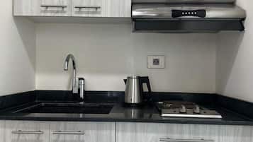 Fridge, microwave, electric kettle
