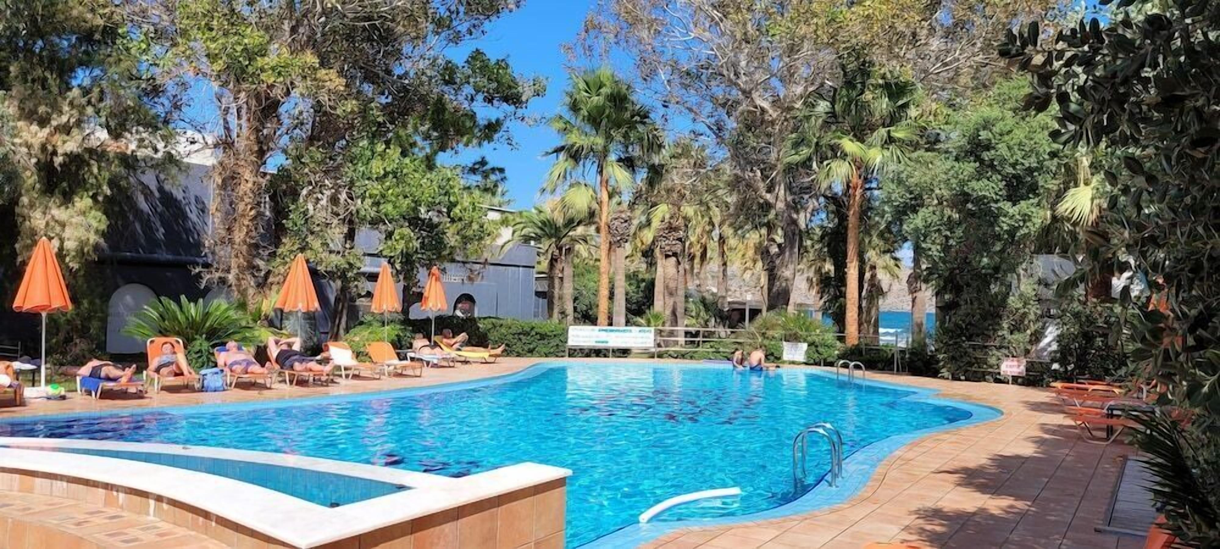 A swimming pool with lounge chairs and umbrellas, surrounded by palm trees and greenery.