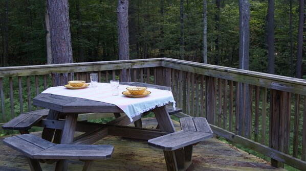 A wooden deck with a picnic table and benches, surrounded by a forest.