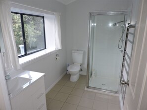 Regadera, secadora de cabello, jabón, papel de baño 