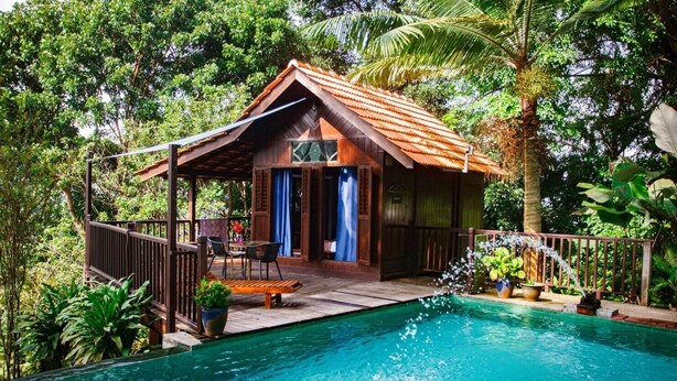 Une cabane en bois avec une piscine, entourée d’une végétation luxuriante.