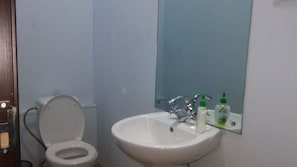 A bathroom with a toilet, sink, and mirror. - Vareron Hostel (Tbilisi)