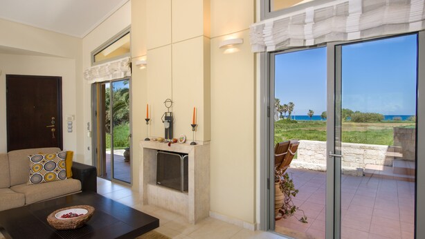 Een moderne woonkamer met een open haard, een bank en uitzicht op de natuur.