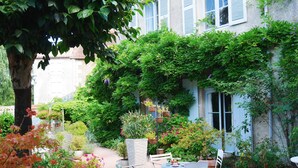 A garden with a table and chairs, surrounded by various plants and a tree. - L'Arbre d'Ange (Montmorillon)