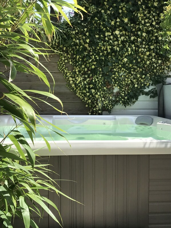 A hot tub surrounded by greenery.