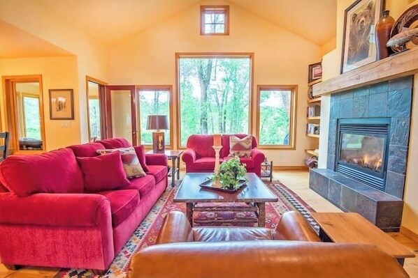 Smart TV, fireplace, books, streaming services