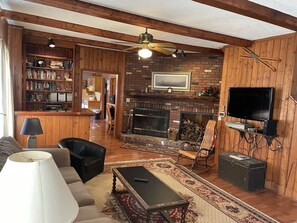 Smart TV, fireplace, DVD player, books