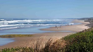 A beach with waves, people, and vegetation.