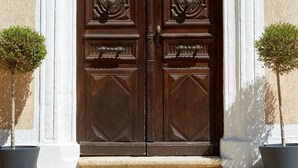 Uma porta dupla de madeira com detalhes em baixo-relevo, ladeada por dois vasos de plantas, em uma fachada de edifício branca e bege.