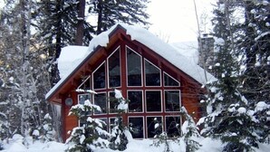 A cabin with a steeply pitched roof, large windows, and surrounded by snow-covered trees.