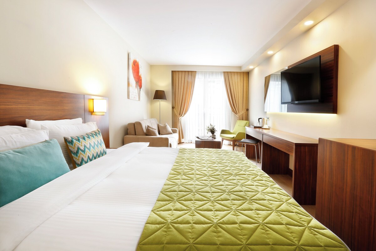 Habitación de hotel con una cama grande, un escritorio, televisión y vistas al exterior.