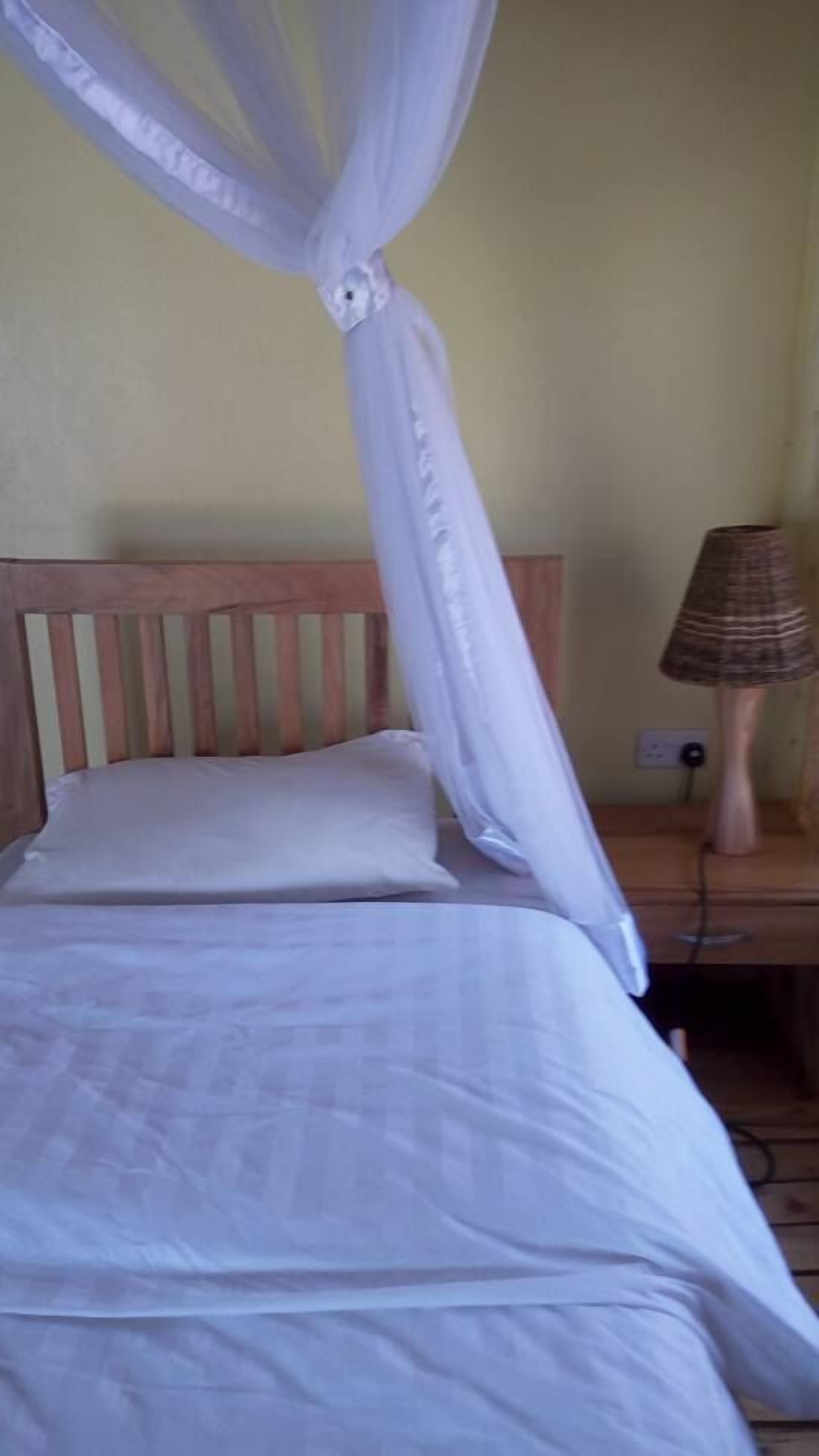 A bed with a white canopy, a wooden headboard, and a bedside lamp.