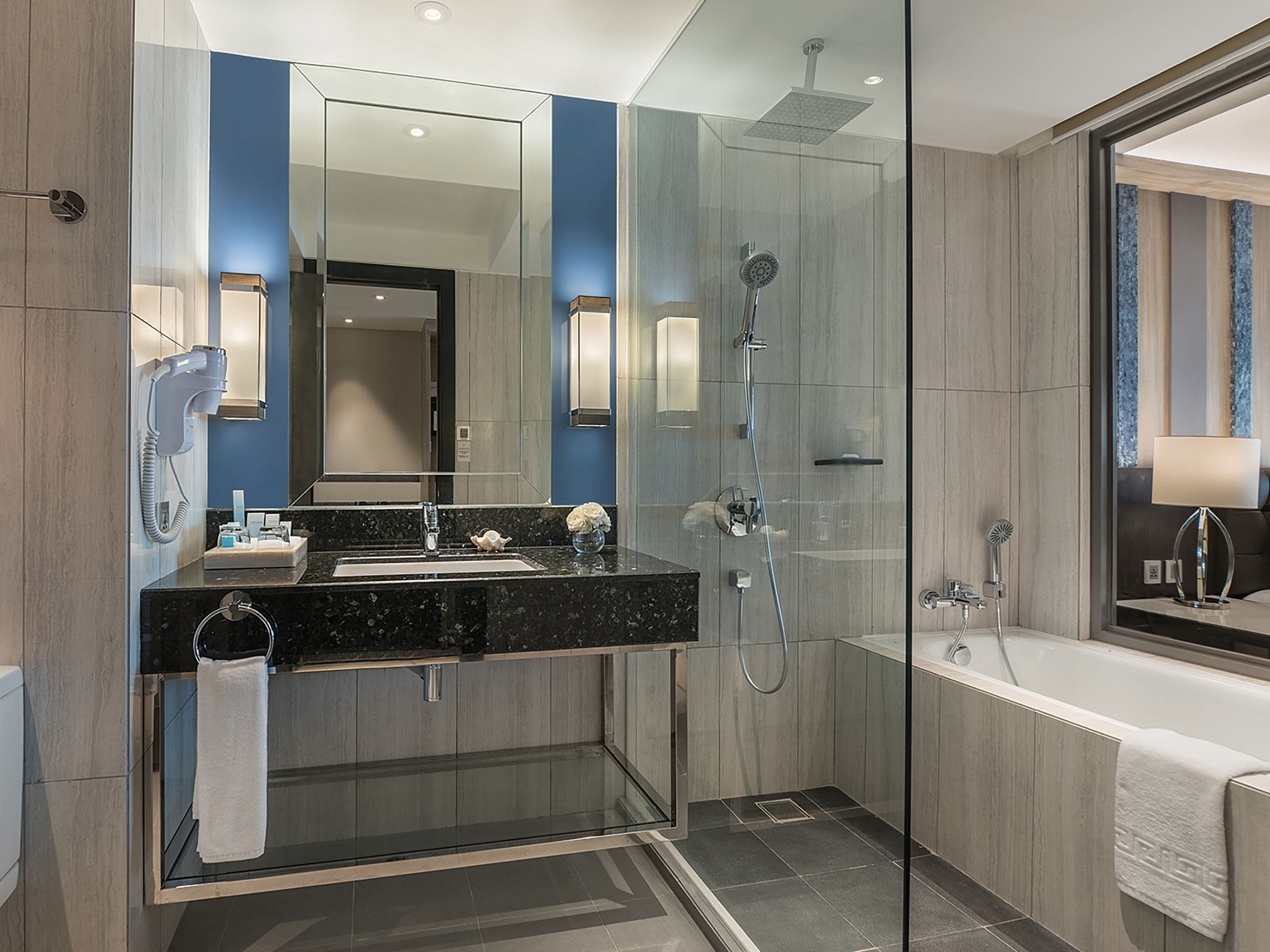 combined shower/bathtub, free toiletries, hair dryer, dressing gowns