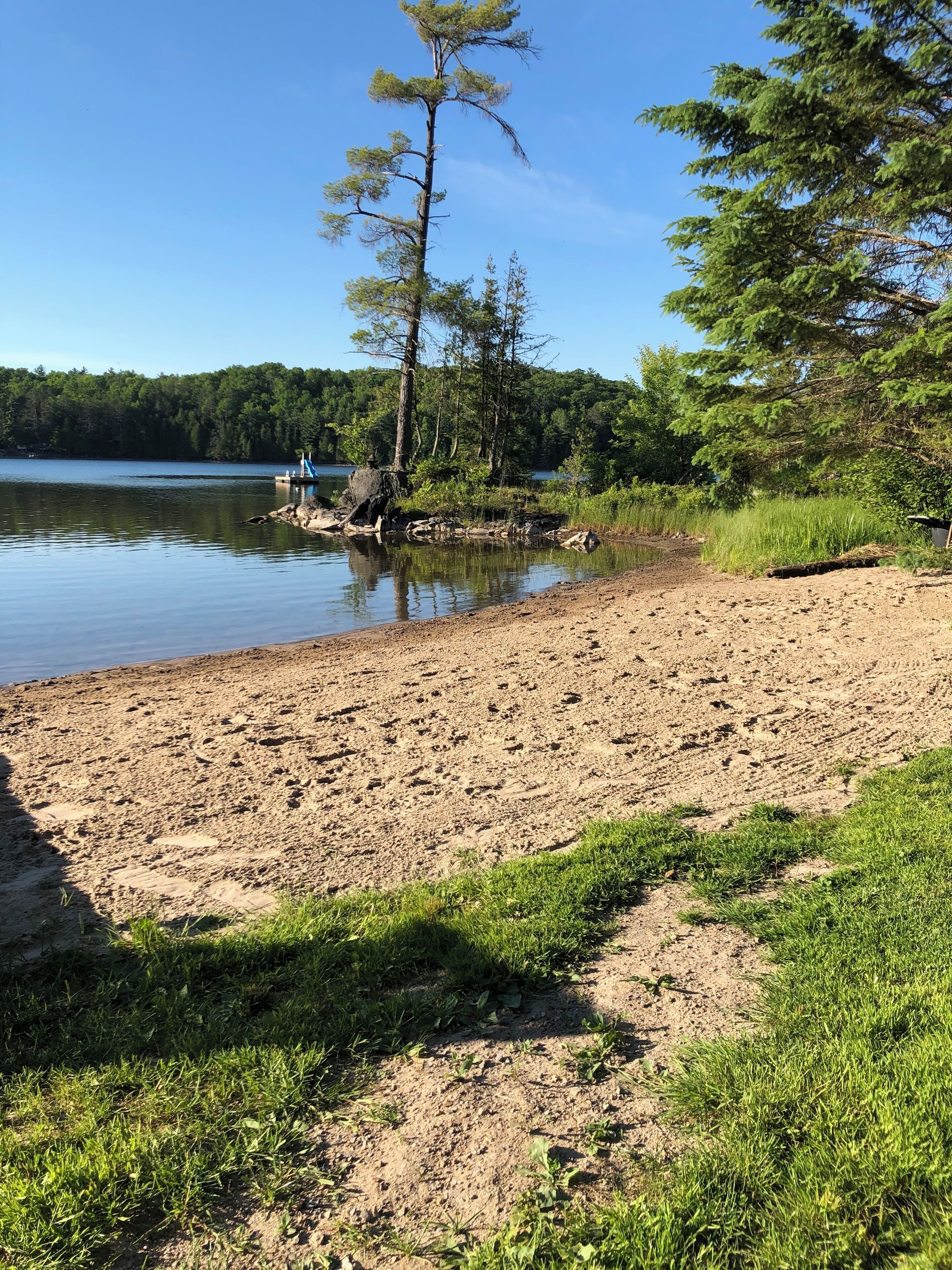 Une plage de sable offrant une vue dégagée sur un lac et des collines boisées en arrière-plan.
