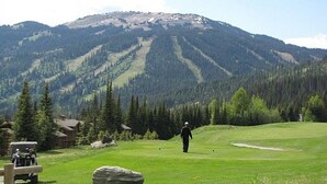 Camp de golf amb un paisatge de muntanyes, una cabana de fusta i una gran roca.