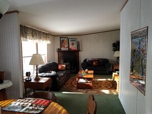 Téléviseur, foyer, lecteur de DVD, livres