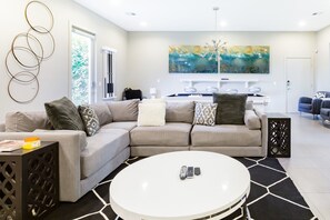 Smart TV, fireplace, video games, DVD player