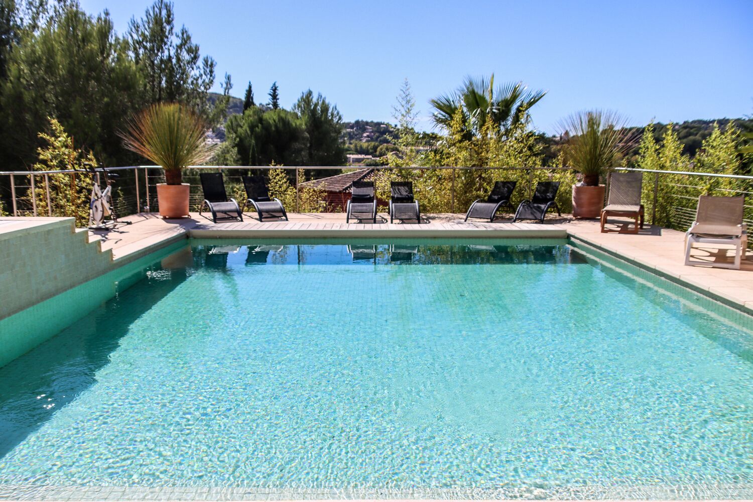 Une piscine aux eaux cristallines, entourée de chaises longues et de plantes en pot.