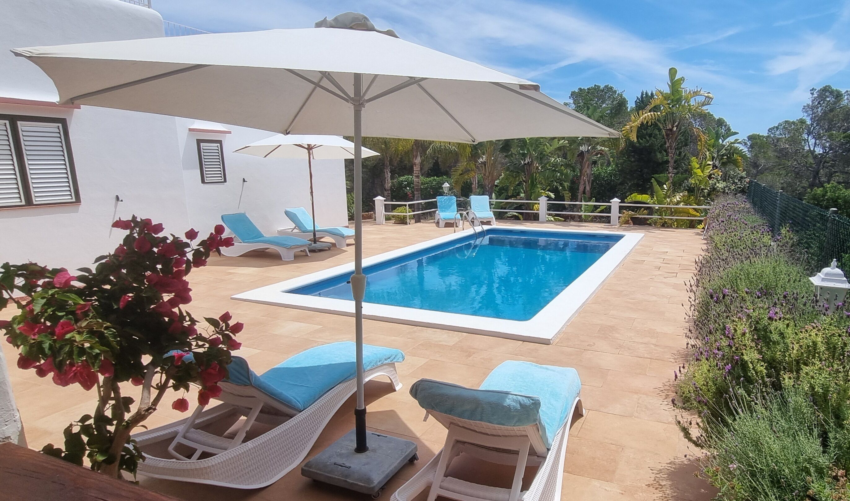 Zona de piscina amb gandules i un parasol, envoltada de vegetació i un edifici de color blanc.