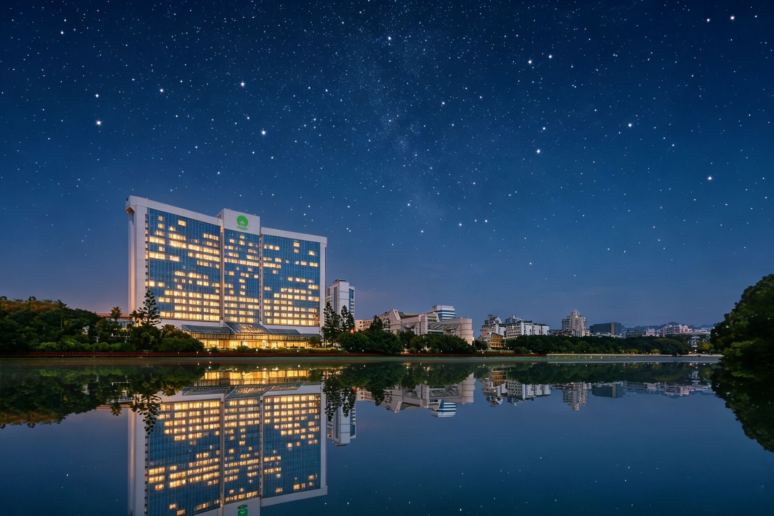A high-rise hotel with a reflection in a calm body of water, surrounded by a cityscape under a starry night sky.