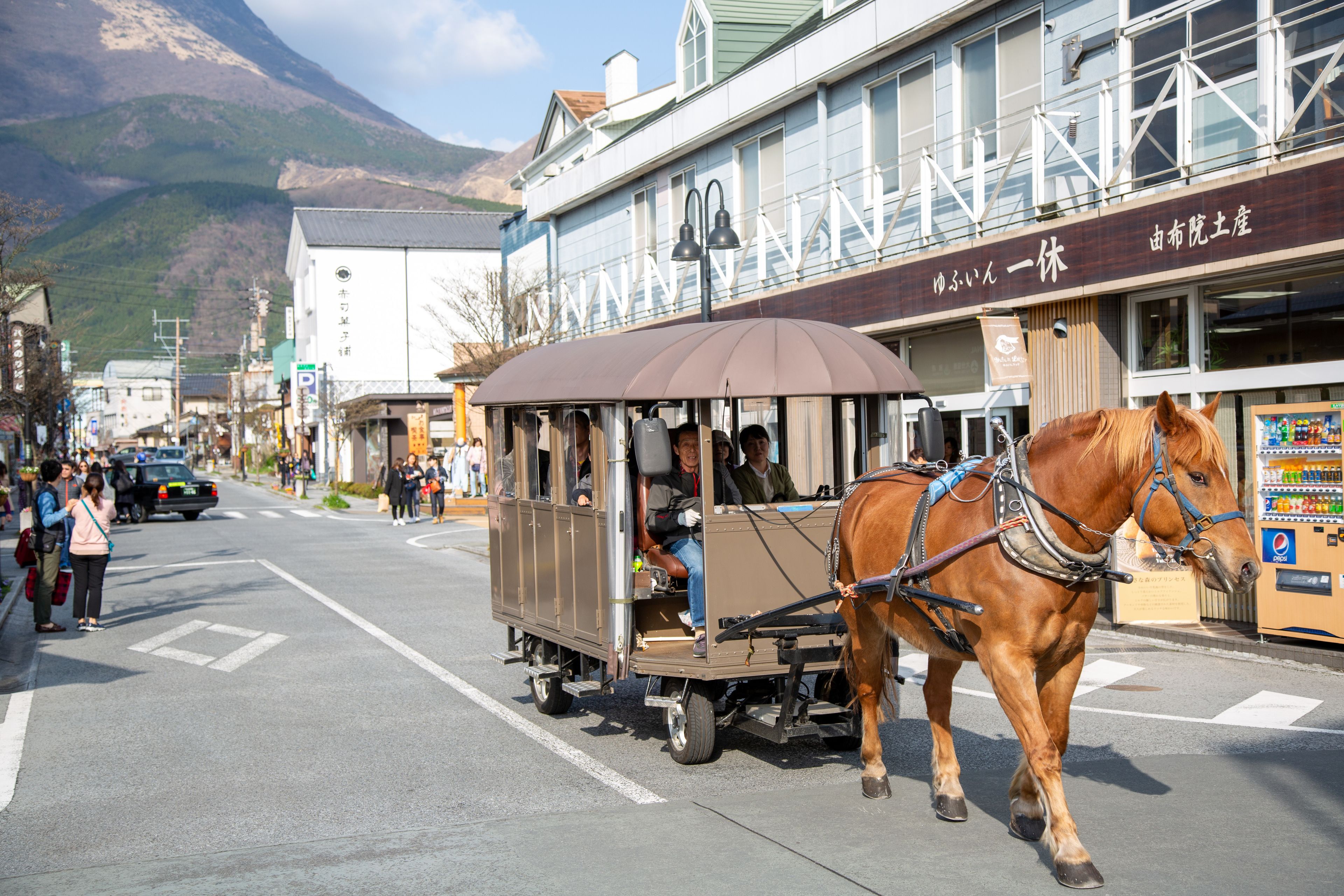 Une calèche tirée par des chevaux dans une rue, avec des bâtiments et des montagnes en arrière-plan.