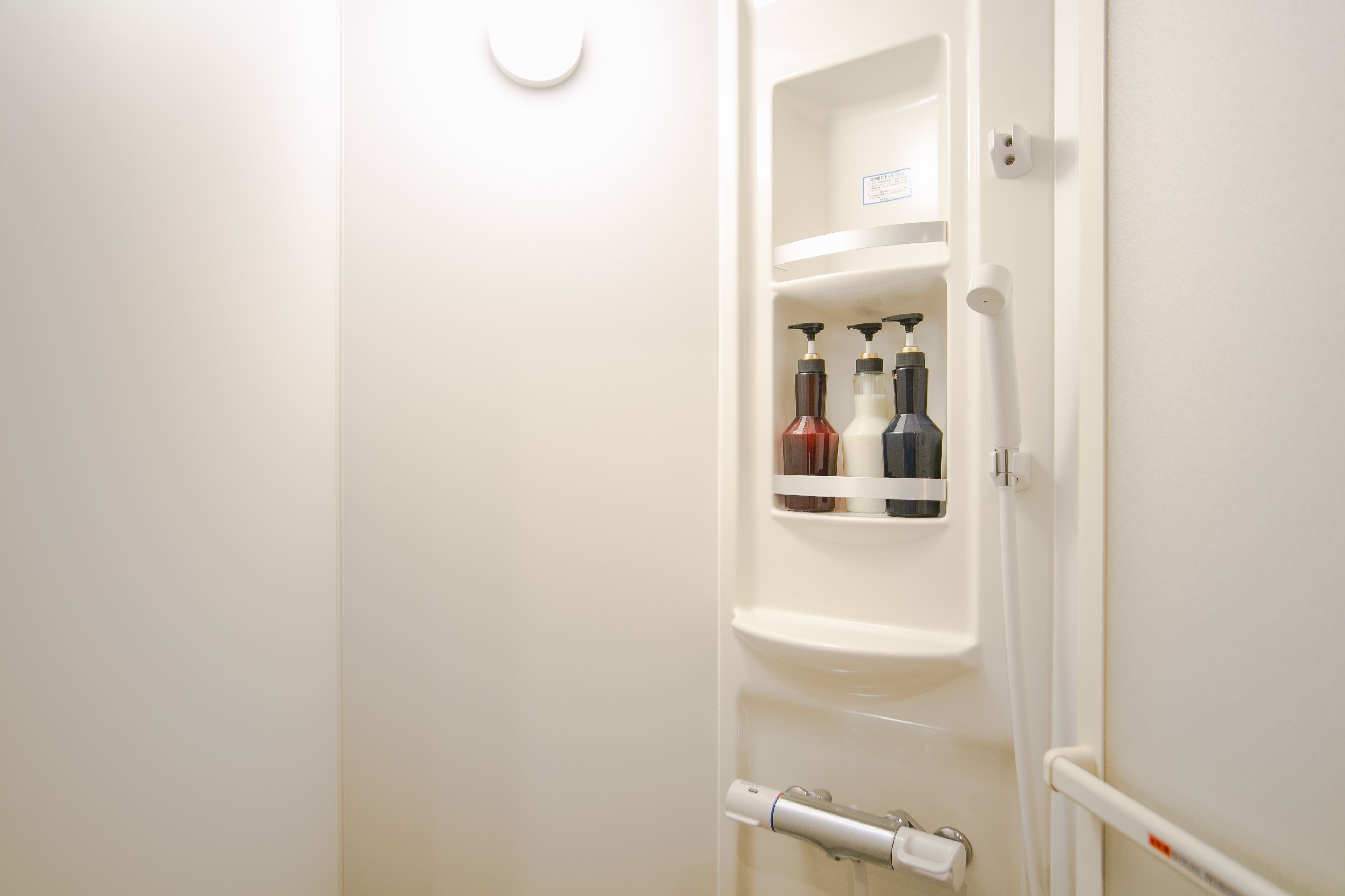 Un baño con una puerta blanca, un perchero y un estante con artículos de tocador.