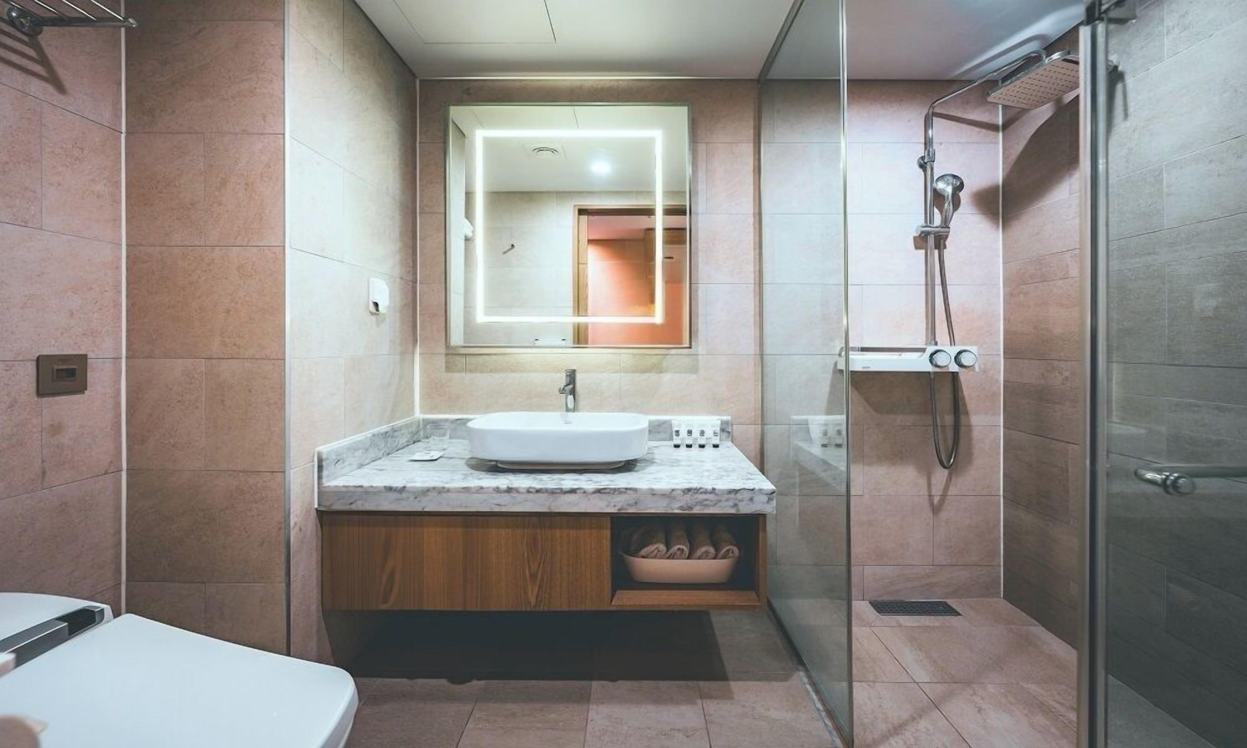 standard double room | bathroom | shower, free toiletries, hair dryer, bathrobes