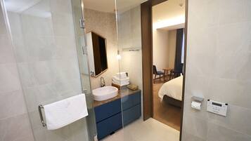 Regadera, secadora de cabello, batas, toallas