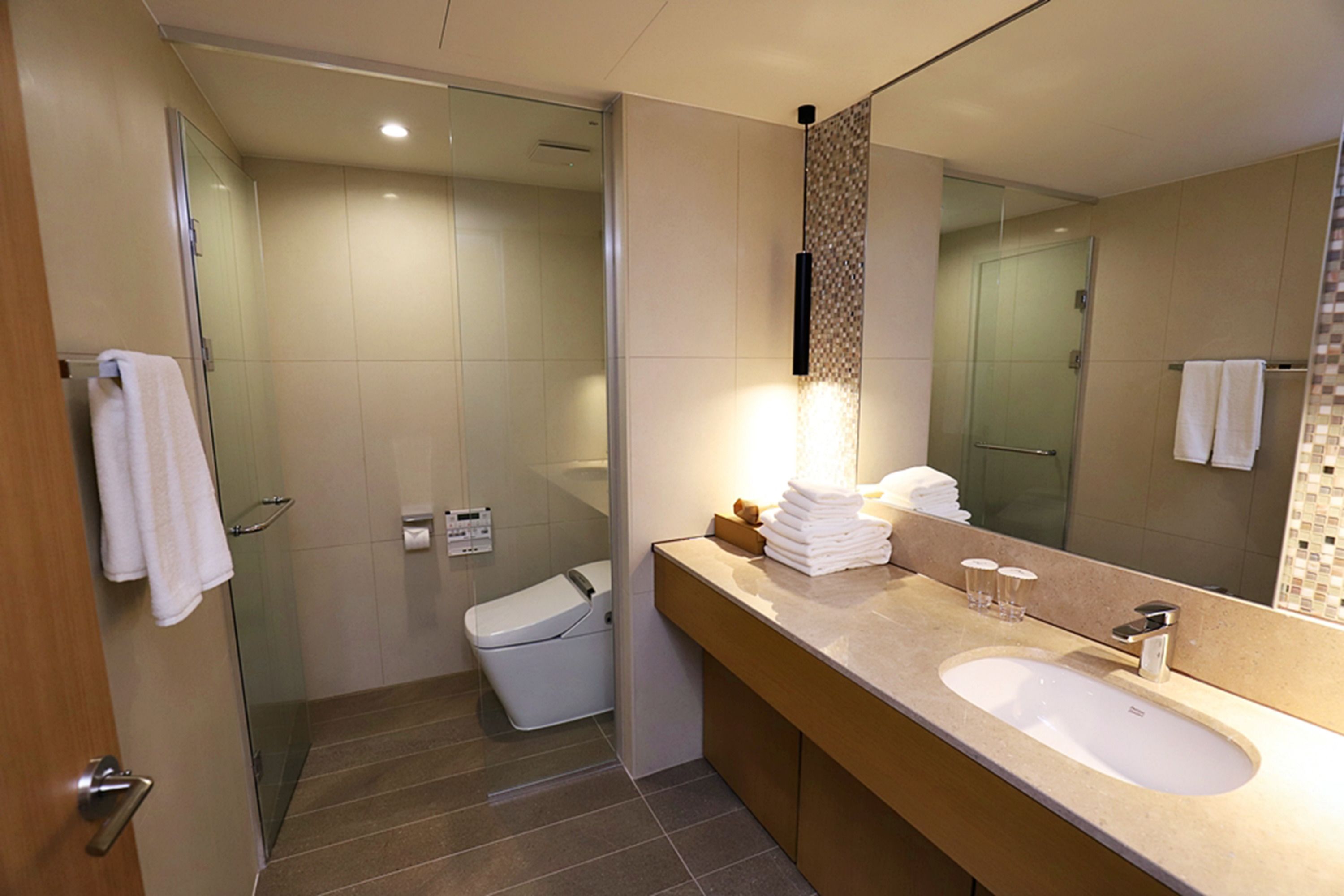 deluxe double room | bathroom | shower, hair dryer, bathrobes, towels