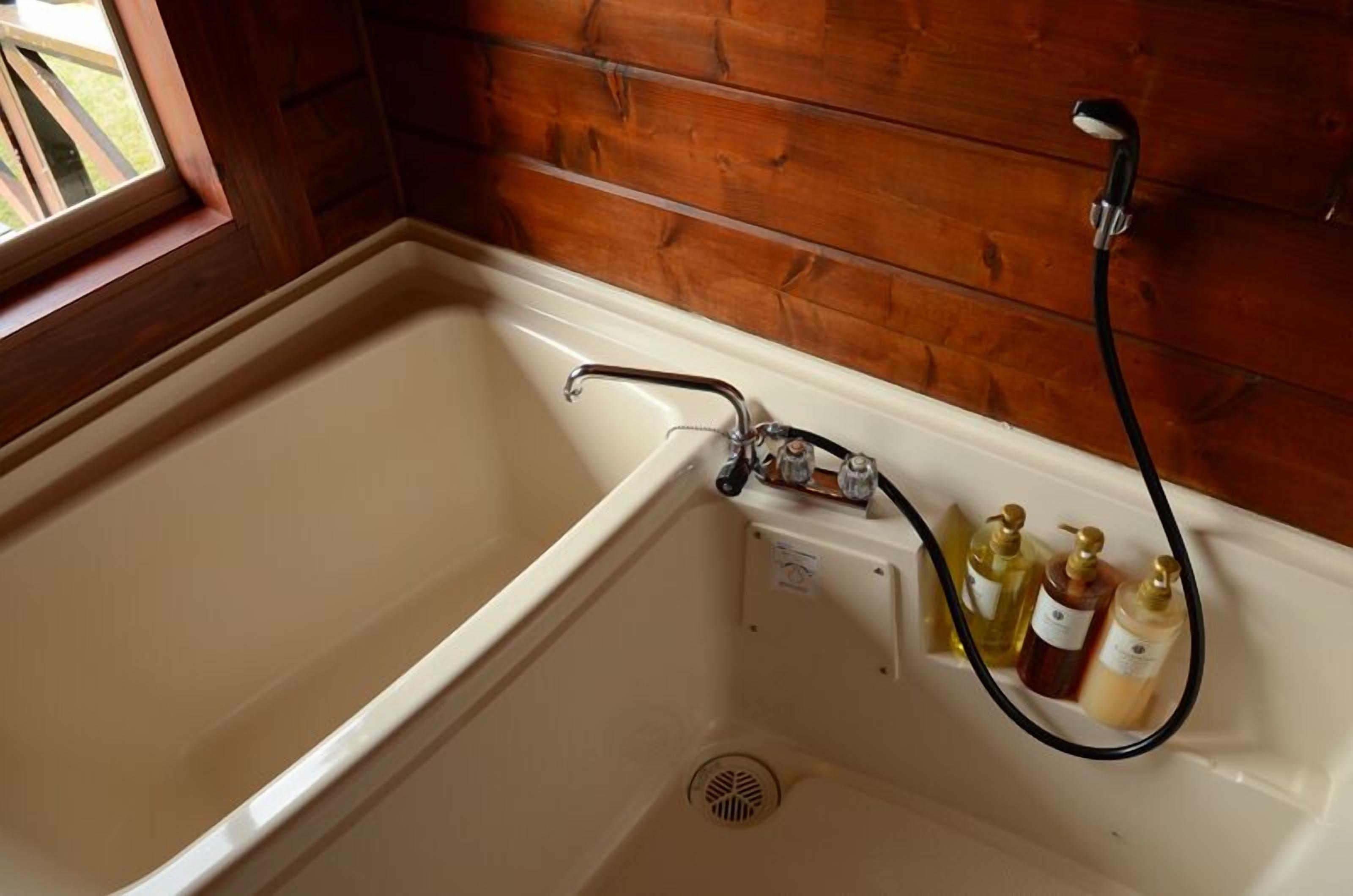 A bathtub with a handheld showerhead and three bottles of soap.
