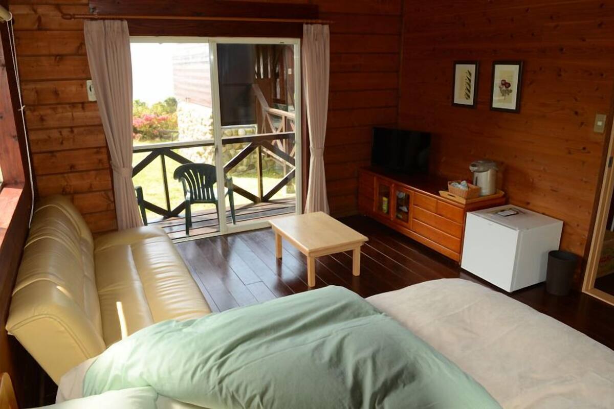 Een houten kamer met een slaapbank, een tafeltje, een kast en een televisie.