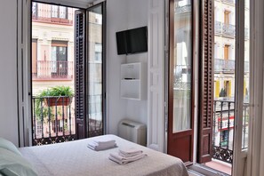 A hotel room with a bed, a TV mounted on the wall, a window with a view of the street, and a balcony with a plant. - Hostal La Zona (Madrid)