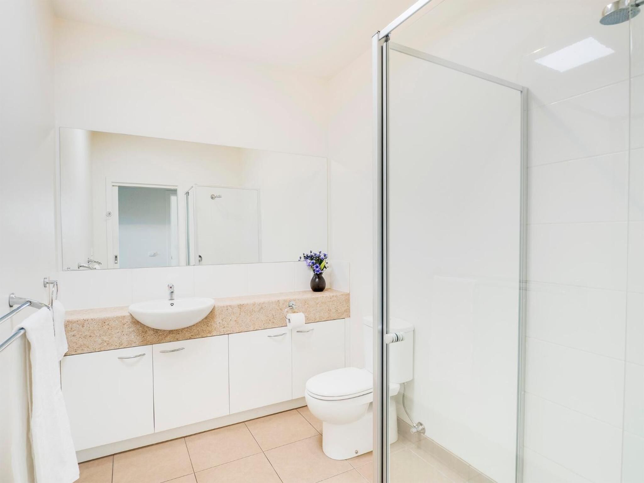 A modern bathroom with a glass shower enclosure, a white sink, and a toilet.