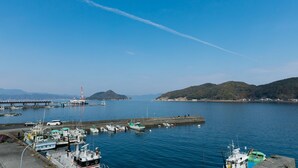 A marina with boats docked, a pier, and hills in the background. - Kaisen no Yado Matsuura (Saiki)