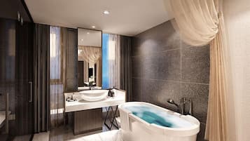 Separate tub and shower, deep soaking tub, hair dryer, slippers