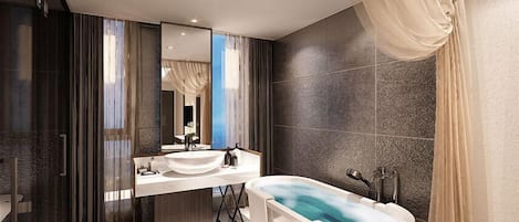Separate tub and shower, deep soaking tub, hair dryer, slippers