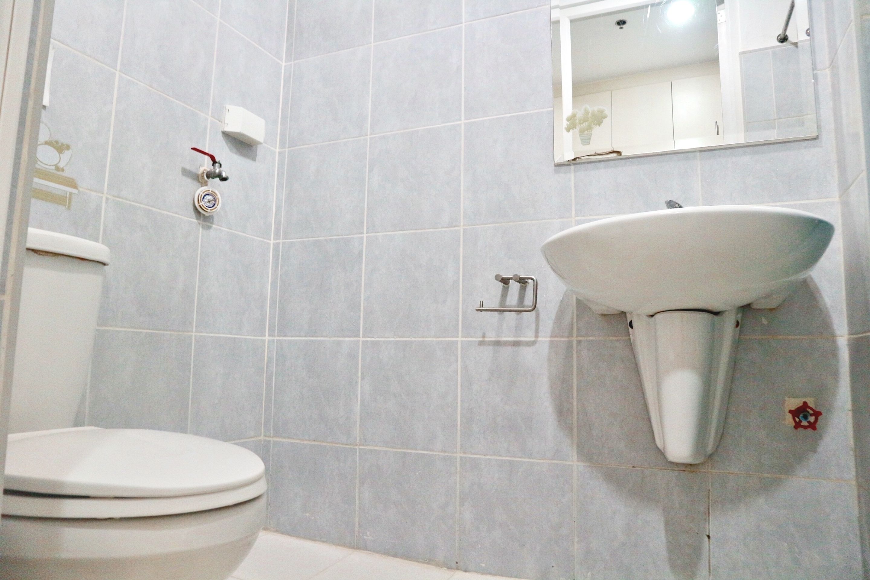 A bathroom with a white toilet, a wall-mounted sink, and a mirror.