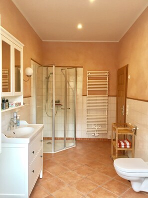Combined shower/tub, hair dryer, towels